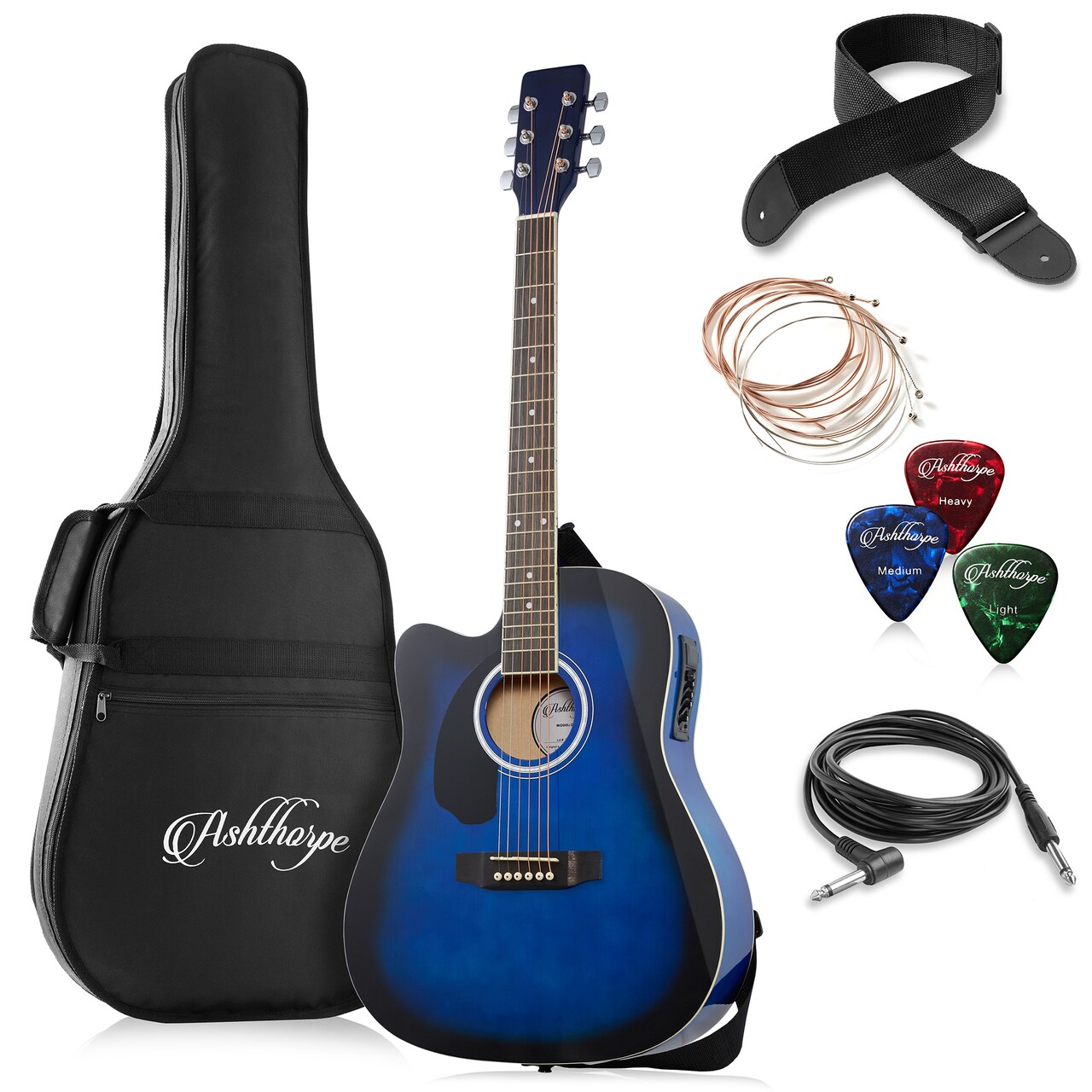 Ashthorpe Full-Size Left-Handed Dreadnought Cutaway Acoustic-Electric Guitar Bundle - Premium Tonewoods